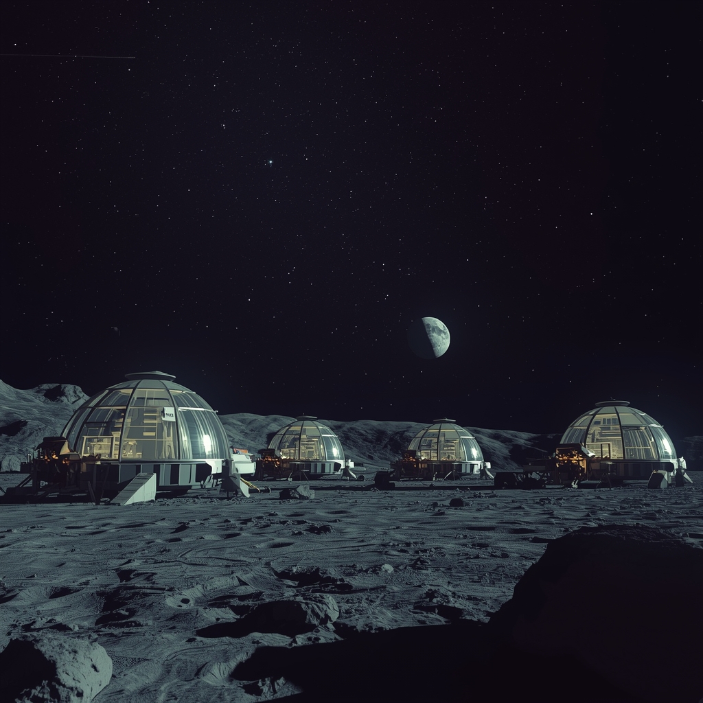 Futuristic lunar colony with glass domes and rovers, dark starry sky, glowing lights from the habitat